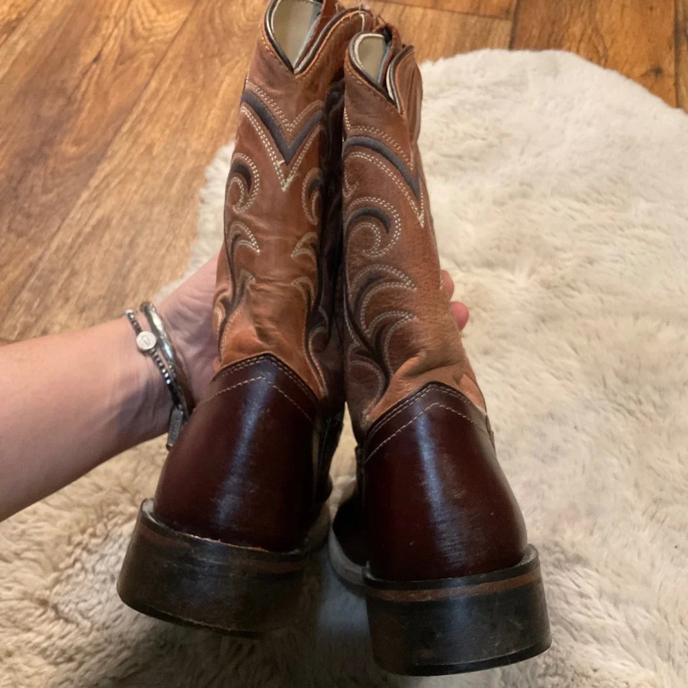 Old West Cowboy‎ Boots Size 3 BSC1859 Square Toe Brown Rust Top